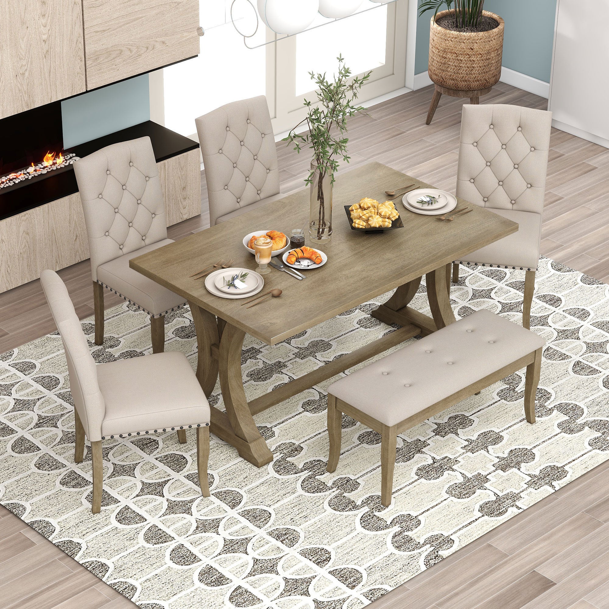6-Pc Farmhouse Dining Set (Natural Wood)