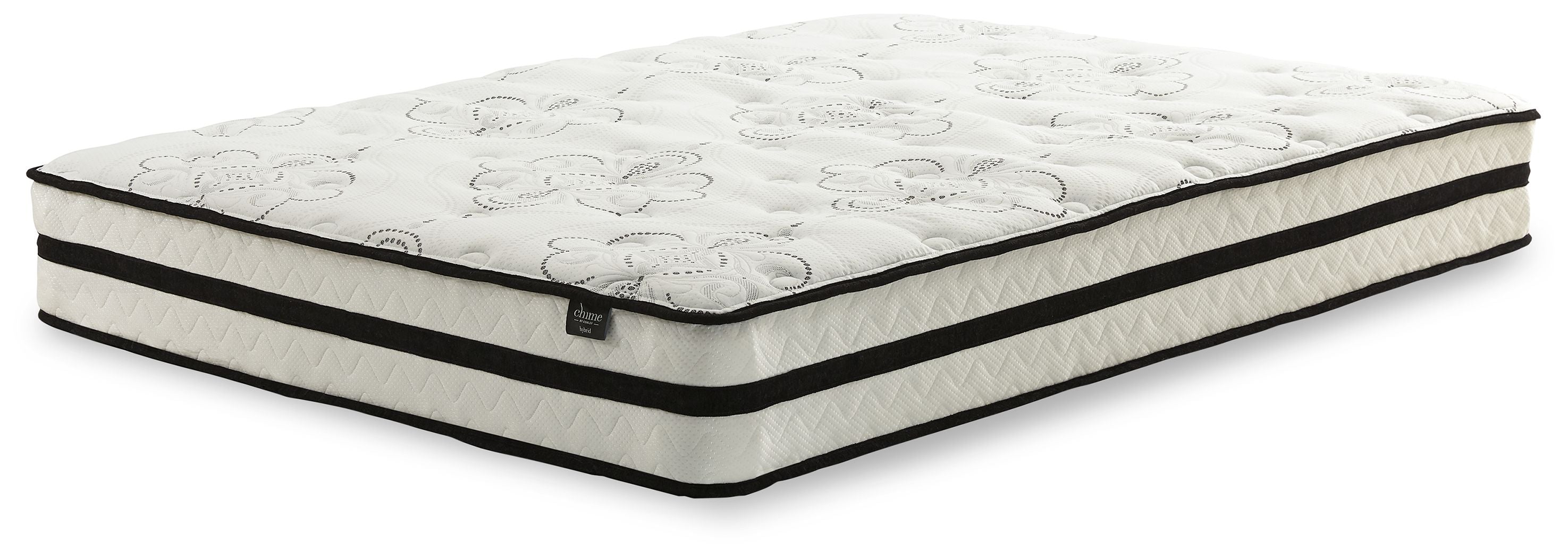 White hybrid mattress with dark edge trim and quilted top surface