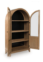 Light brown wooden accent cabinet with open doors, arched top, and 3 shelves