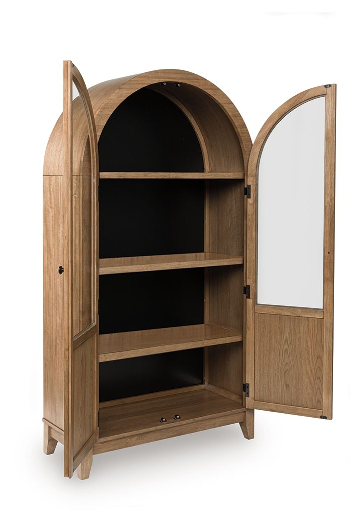 Light brown wooden accent cabinet with open doors, arched top, and 3 shelves