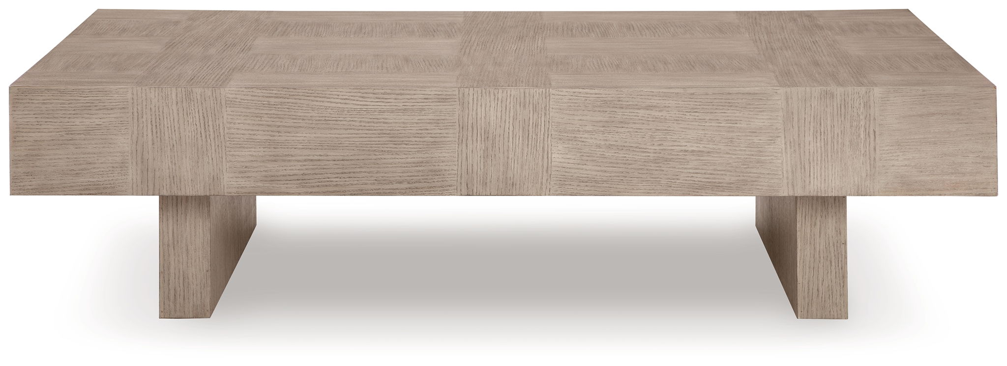 Jorlaina rectangular table side view with light beige wood-look top and short legs