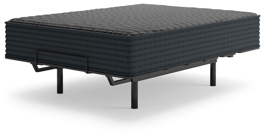 Gray hybrid mattress with black legs and dark quilted side panels