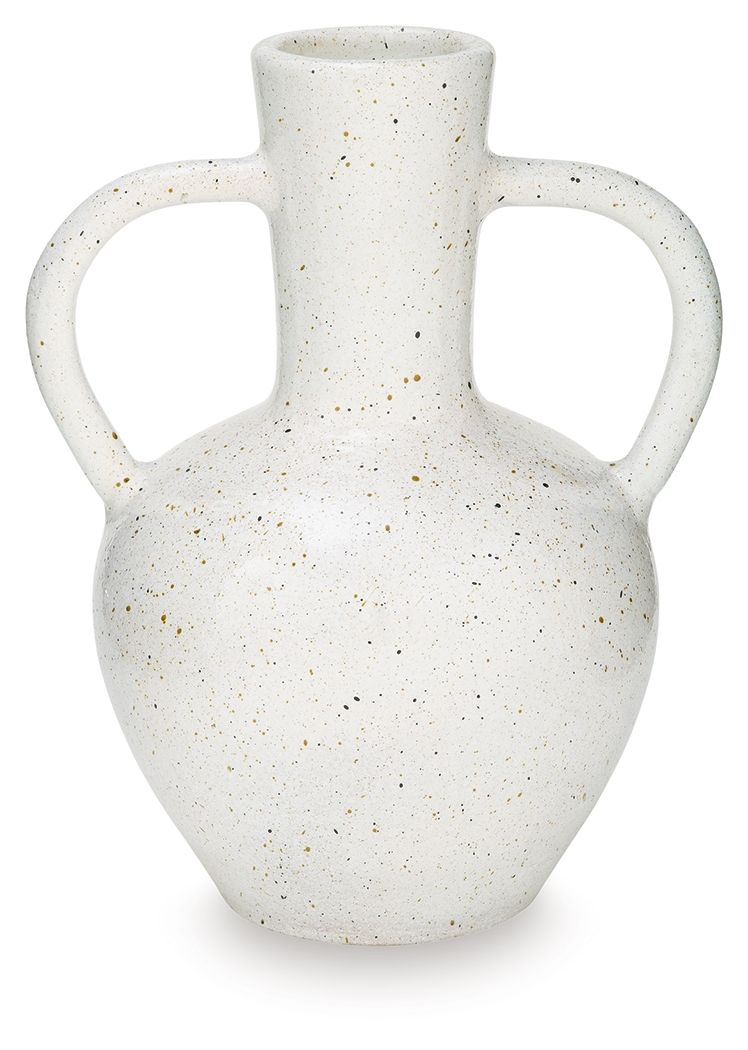Speckled white ceramic vase with two side loop handles and rounded base.