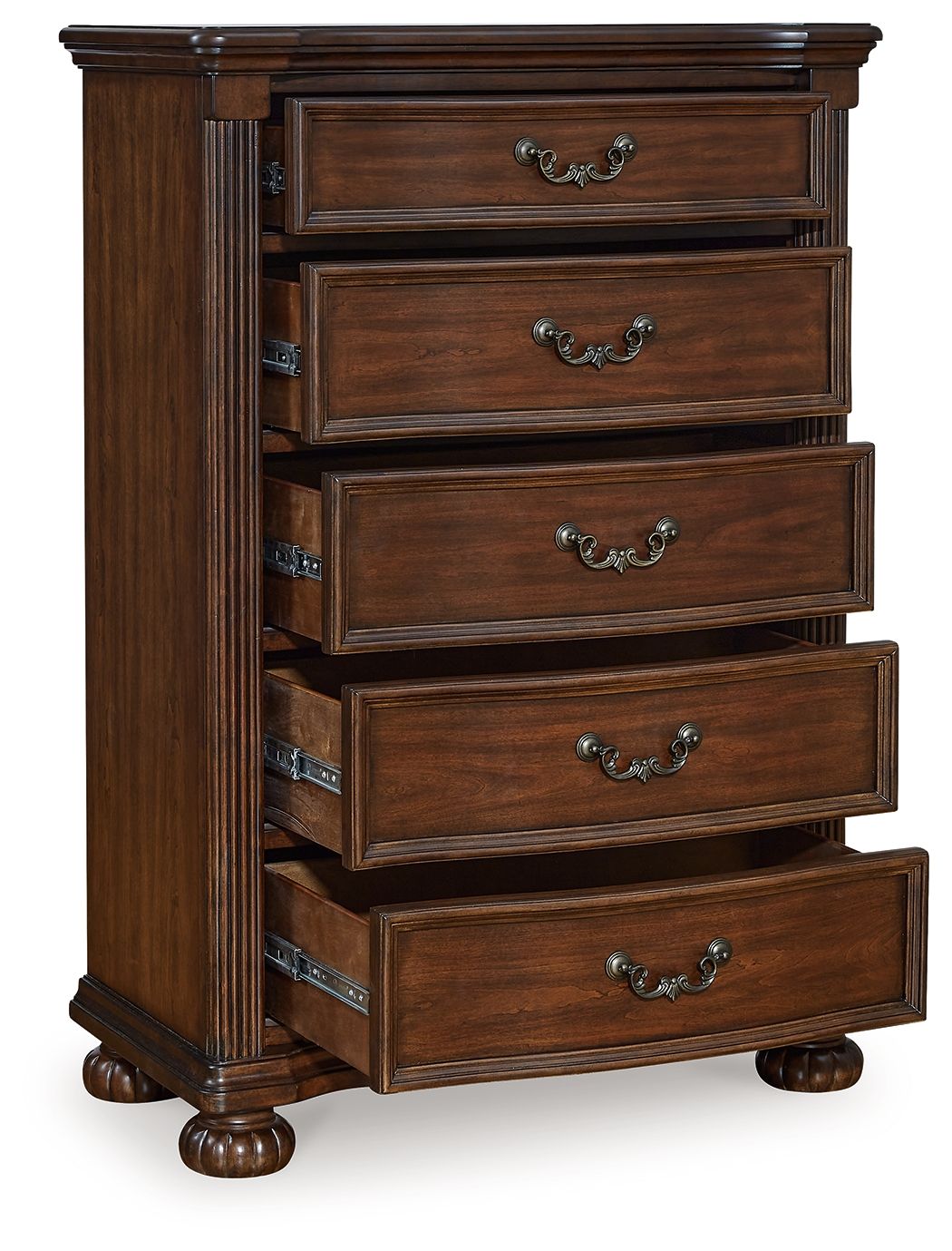 Brown five-drawer chest with metal drawer pulls, side panels, and turned feet
