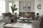 Dark gray reclining set with two recliner chairs and tufted sofa
