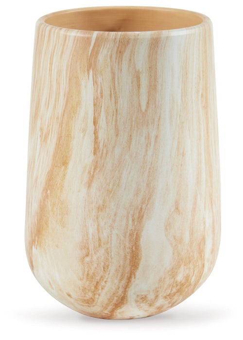 Beige marbled ceramic vase, wide open top, rounded shape
