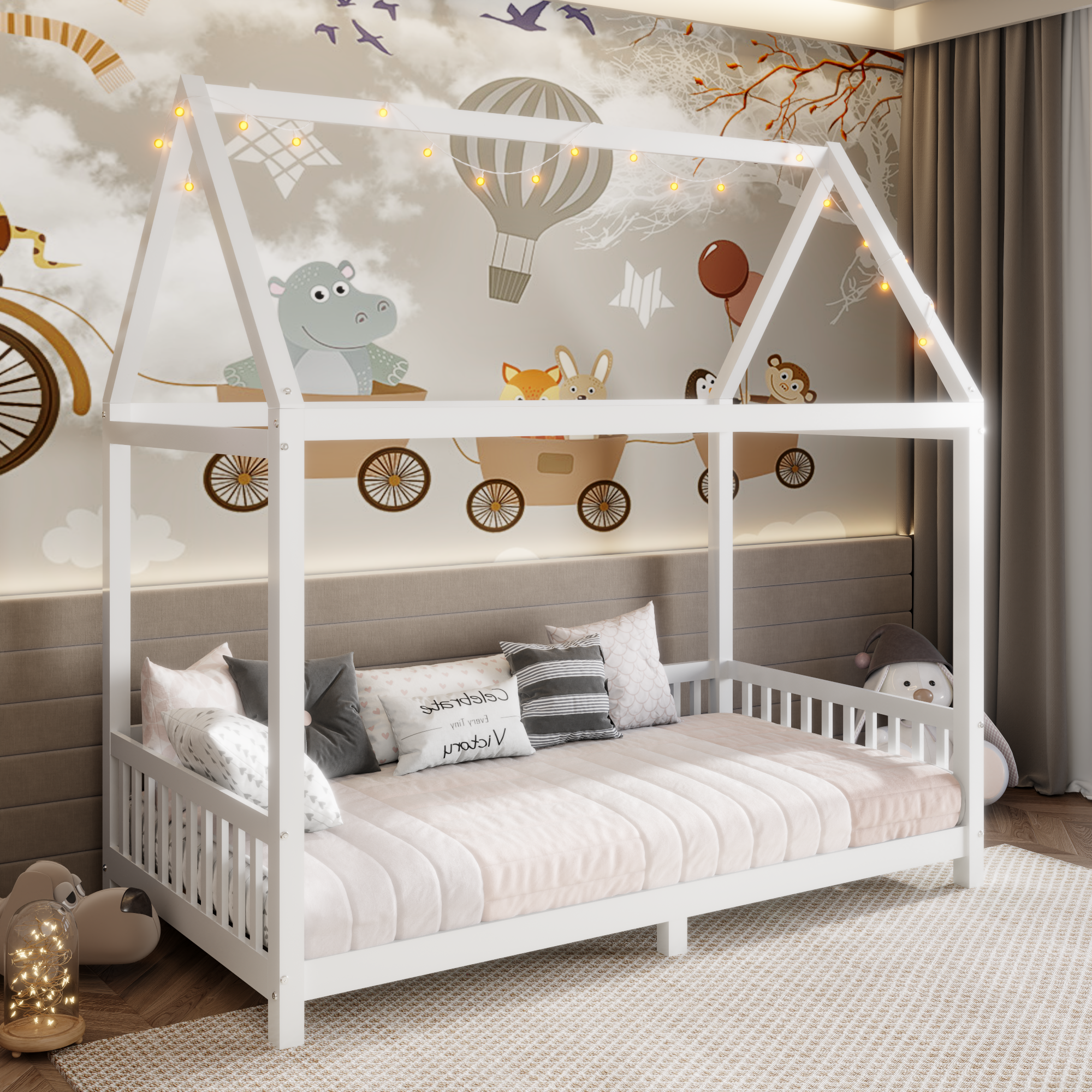 White Wood Twin House Bed with Guardrail & LED Lights