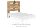 Brown wood full panel headboard with horizontal slat openings beside a white bed frame