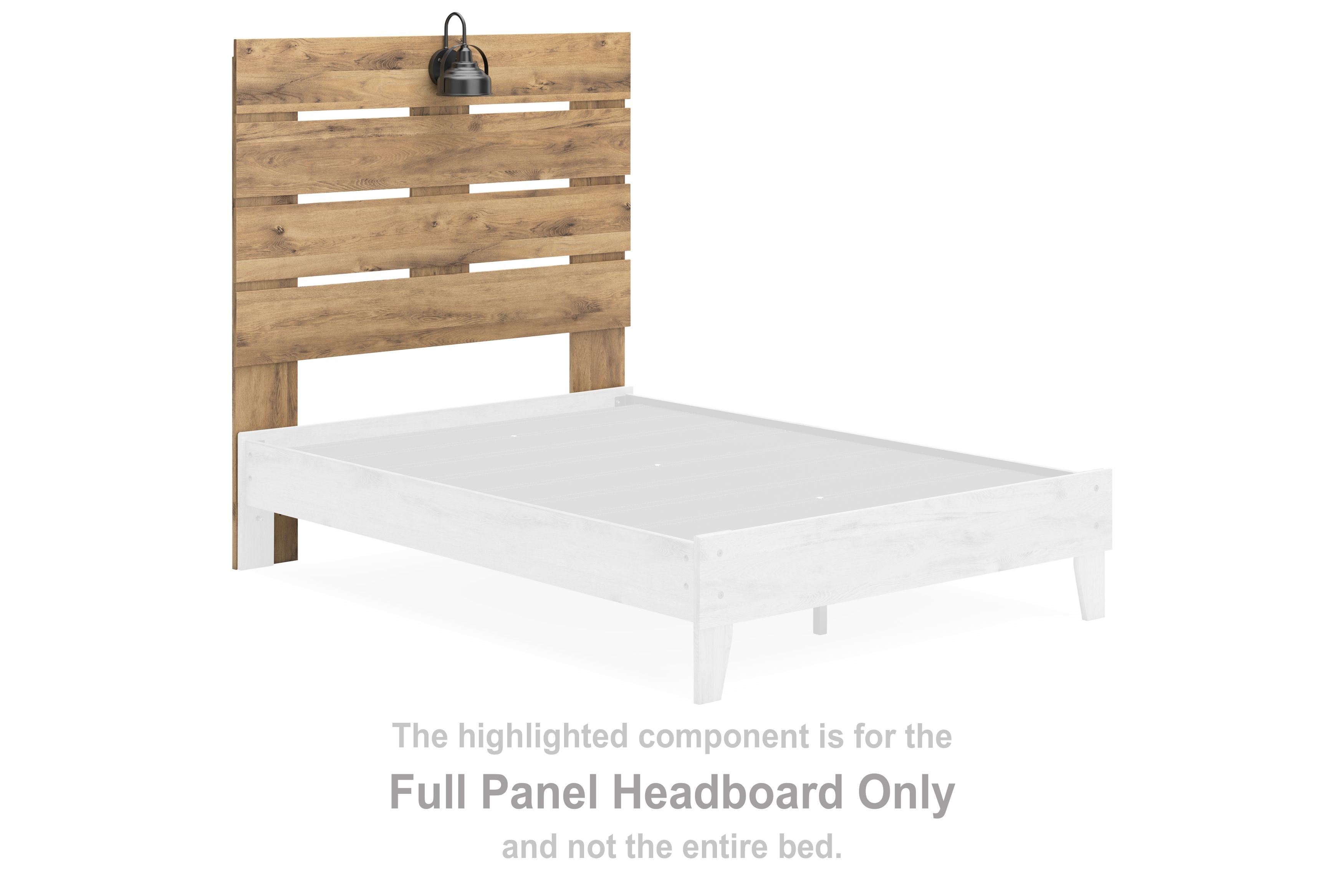 Brown wood full panel headboard with horizontal slat openings beside a white bed frame