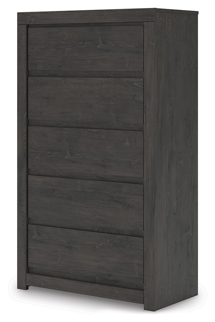 Charcoal five-drawer chest with five stacked drawer fronts and low straight feet