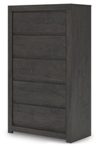 Charcoal five-drawer chest with five stacked drawer fronts and low straight feet