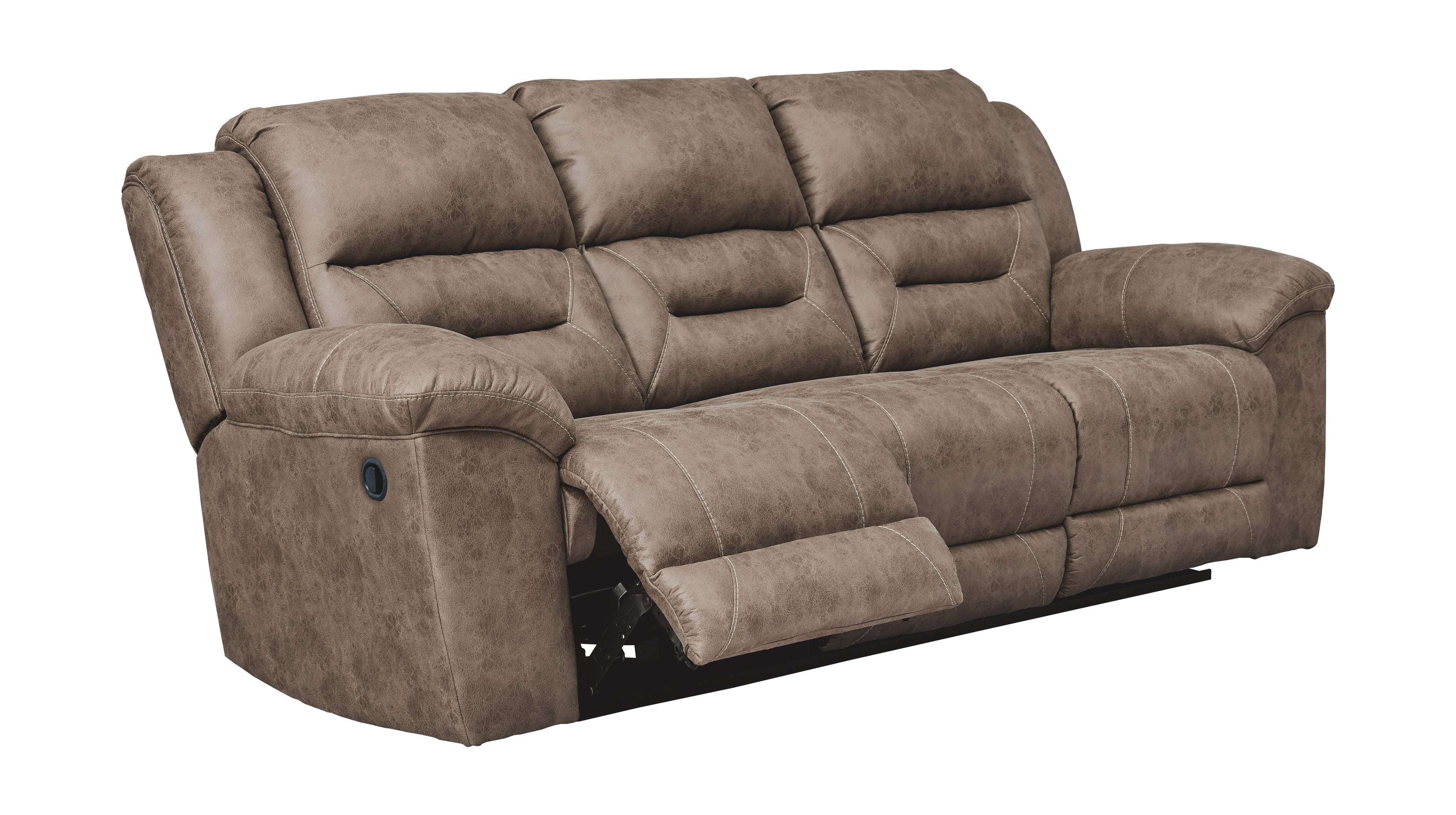 Reclining sofa with plush padded upholstery and wide armrest with console panel