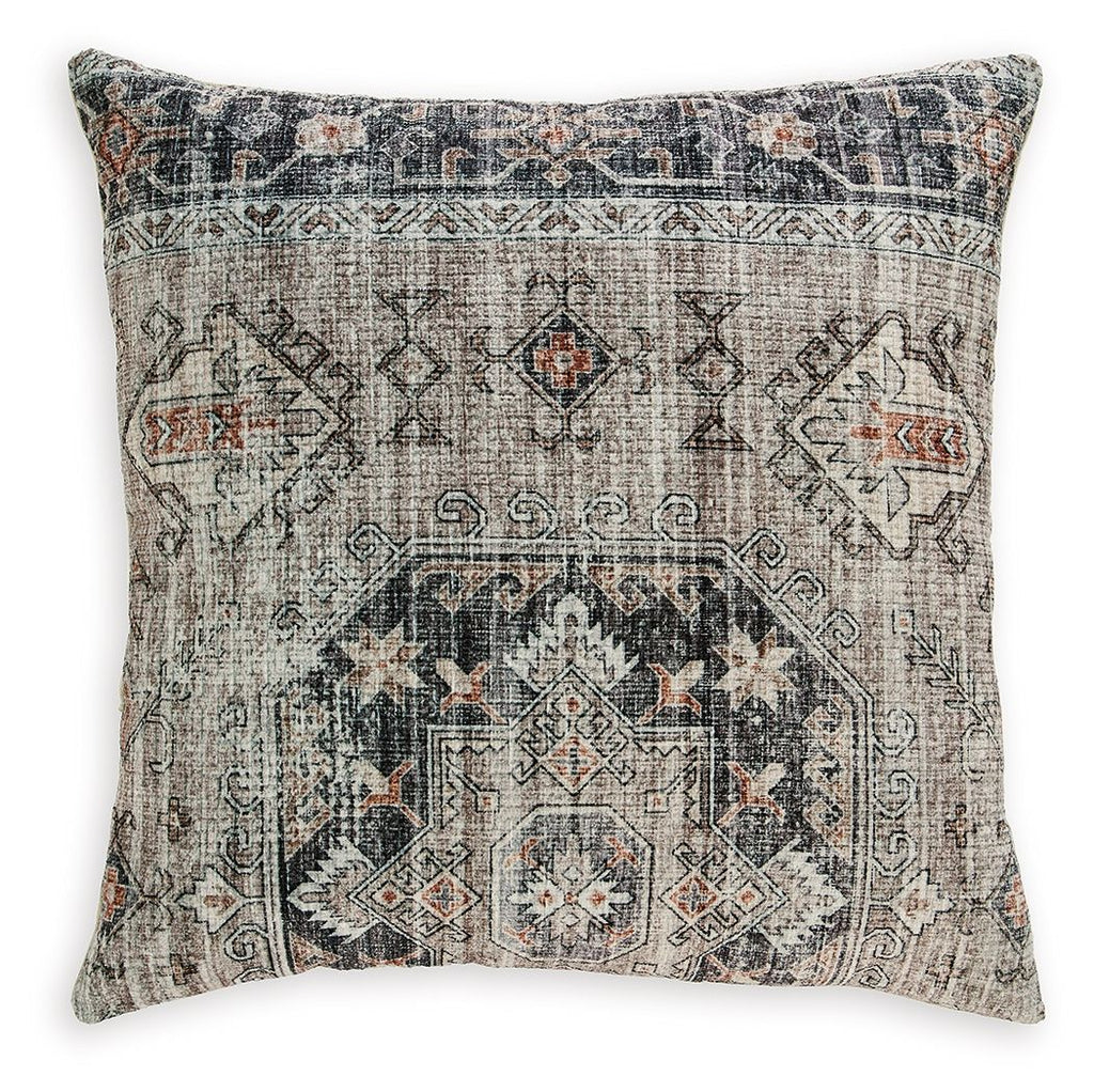 Decorative pillow with dark gray geometric pattern on light gray fabric