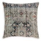 Decorative pillow with dark gray geometric pattern on light gray fabric