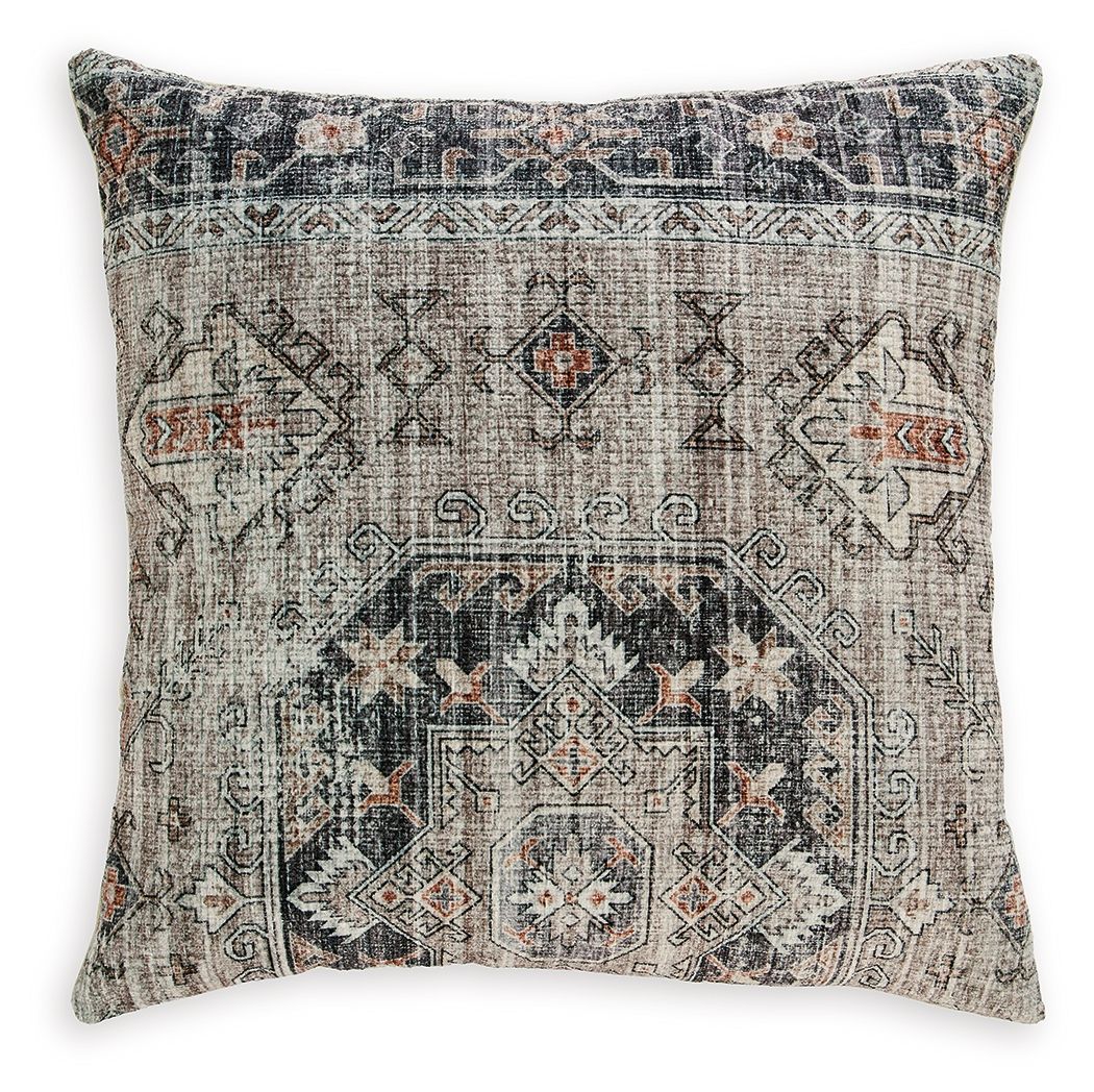 Decorative pillow with dark gray geometric pattern on light gray fabric