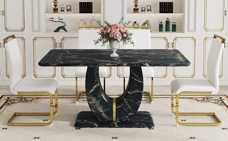 Black Marble Dining Set with 4 White Chairs