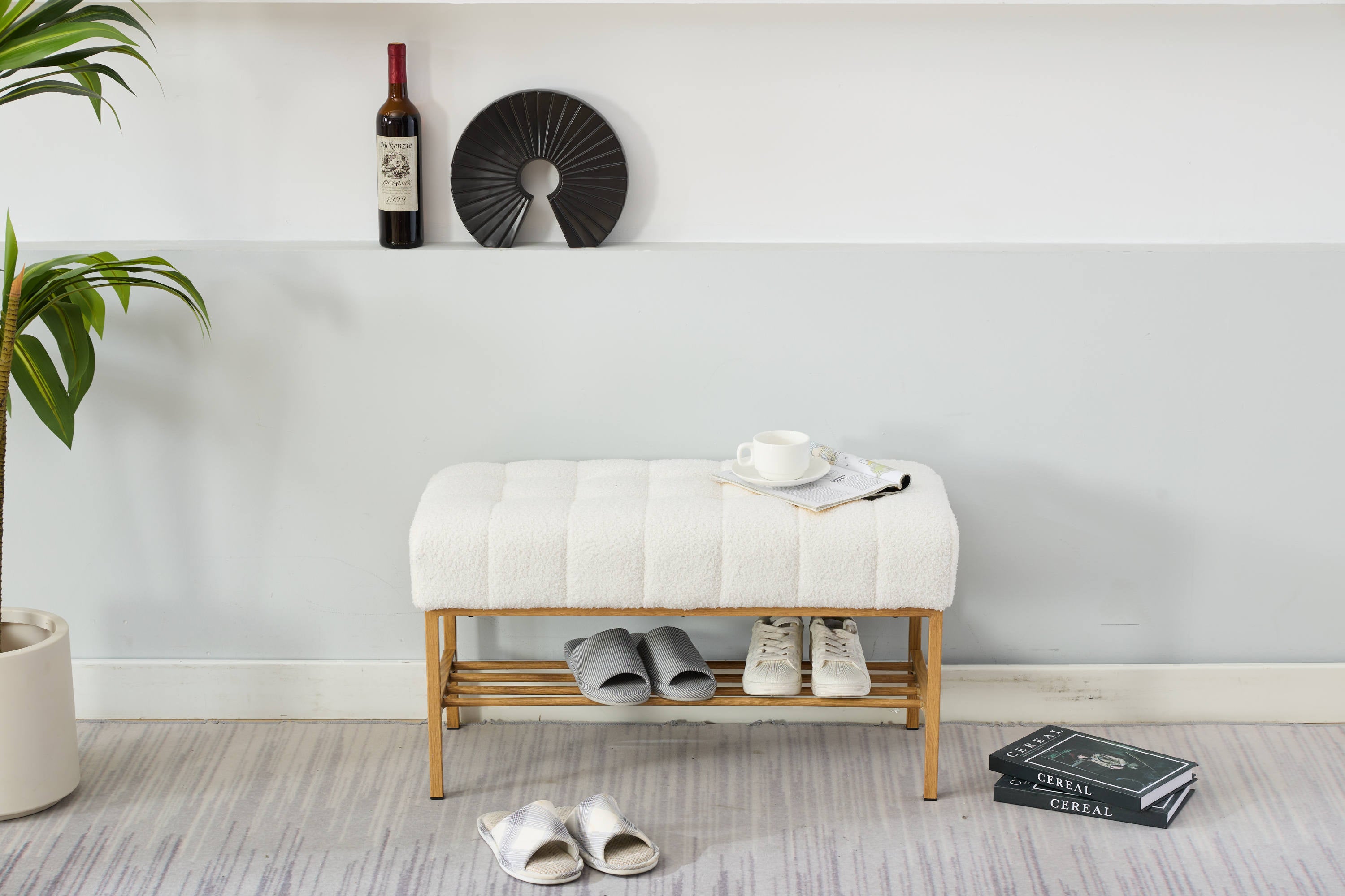 Upholstered Storage Bench with Shelf - Linen White