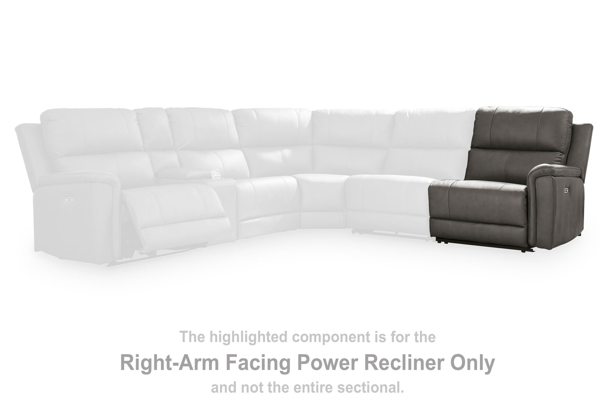 Right-arm facing power recliner component in dark gray on a sectional layout