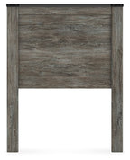 Gray wood panel headboard with side posts and dark metal mounting plates
