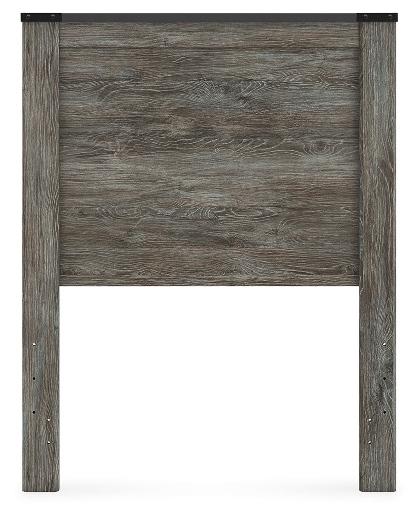 Gray wood panel headboard with side posts and dark metal mounting plates