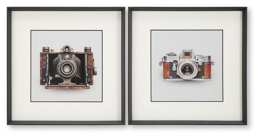 Set of 2 framed vintage camera prints in black, white, and brown, front view.