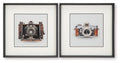 Set of 2 framed vintage camera prints in black, white, and brown, front view.
