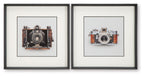 Set of 2 framed vintage camera prints in black, white, and brown, front view.