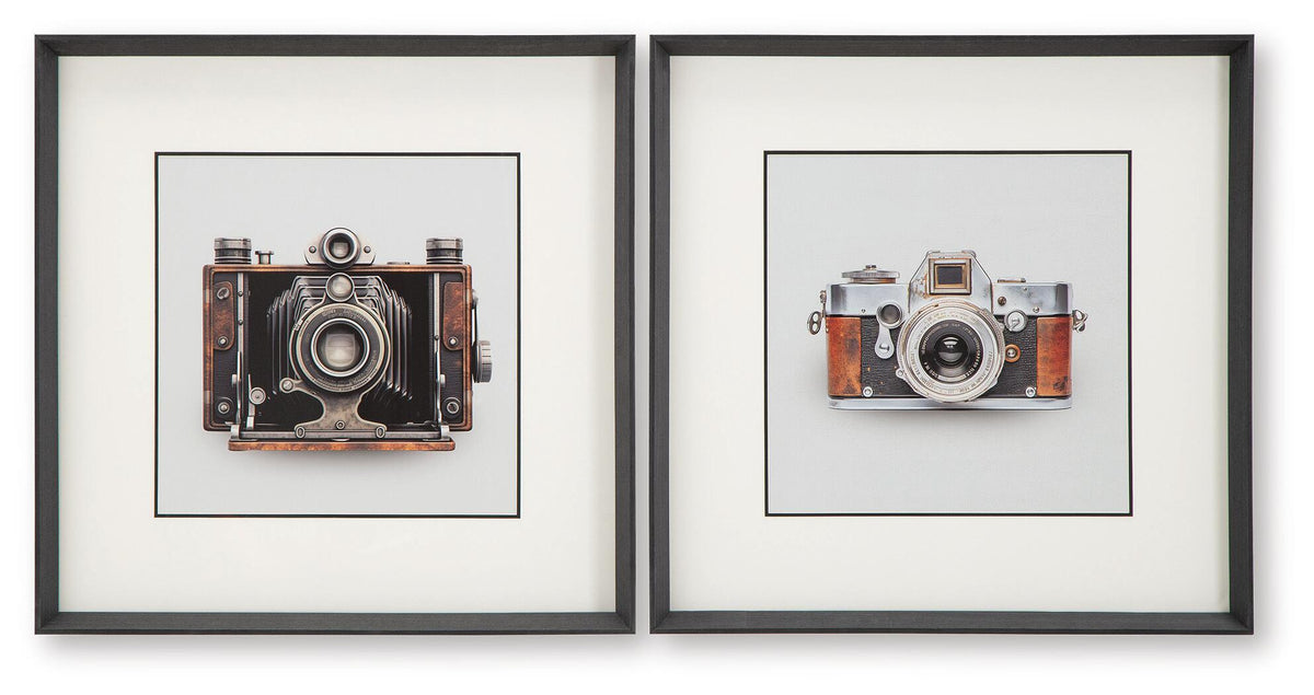 Set of 2 framed vintage camera prints in black, white, and brown, front view.