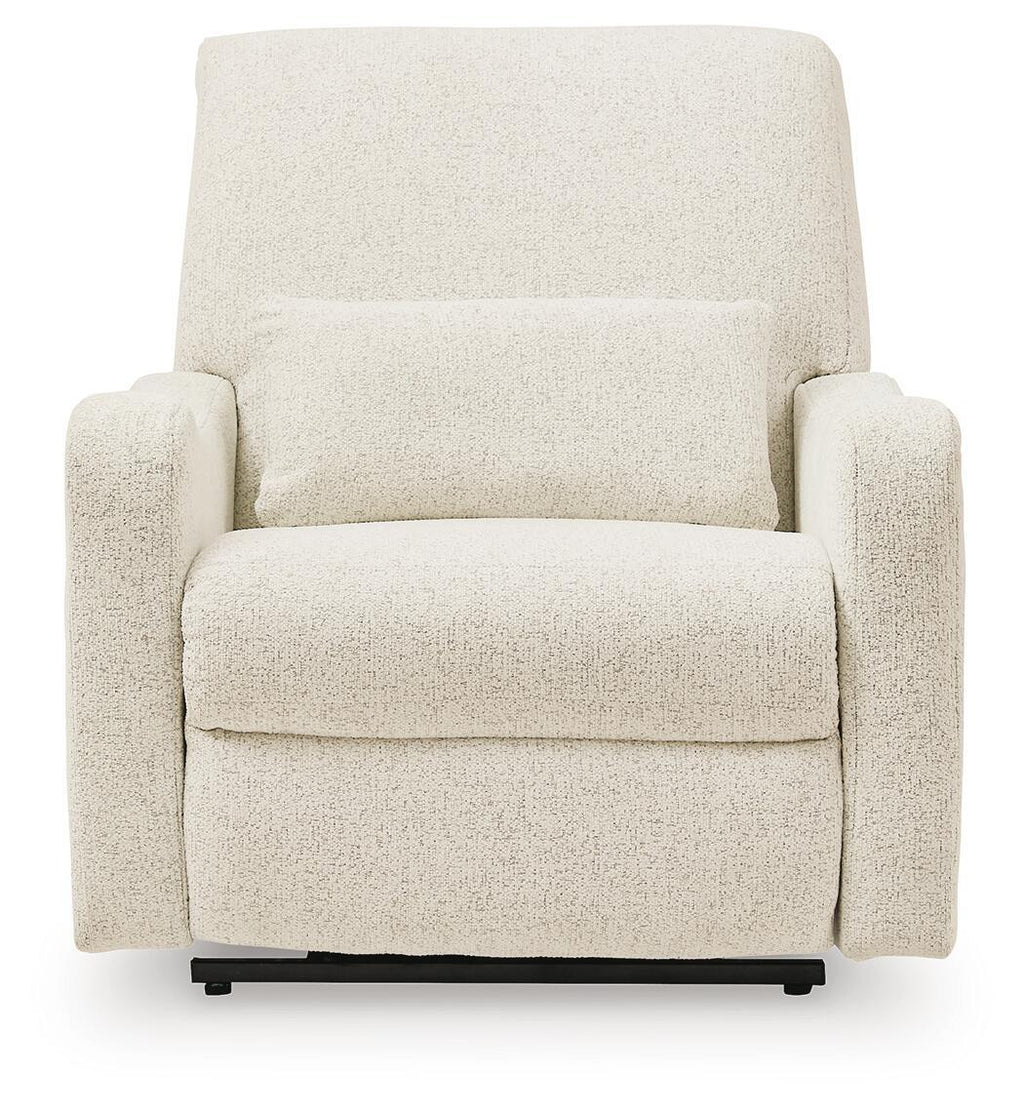 Power recliner chair, front view, light beige upholstered arms and backrest