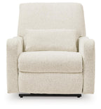 Power recliner chair, front view, light beige upholstered arms and backrest