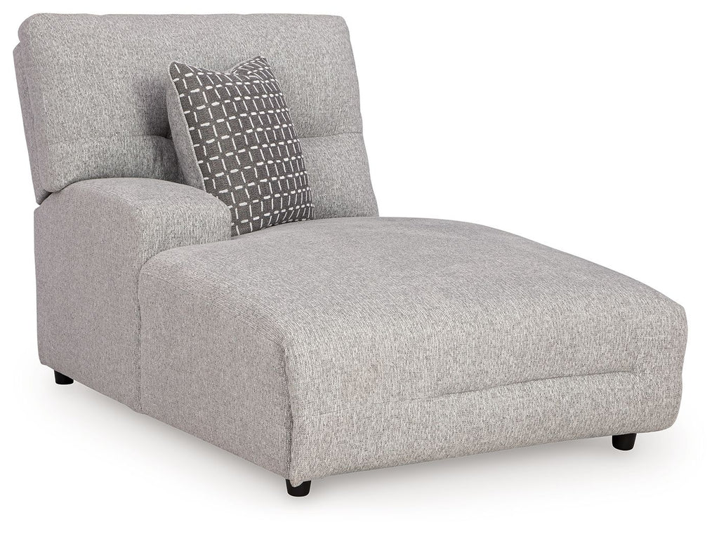 Pewter gray power reclining back chaise with square accent pillow and padded arms