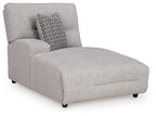 Pewter gray power reclining back chaise with square accent pillow and padded arms
