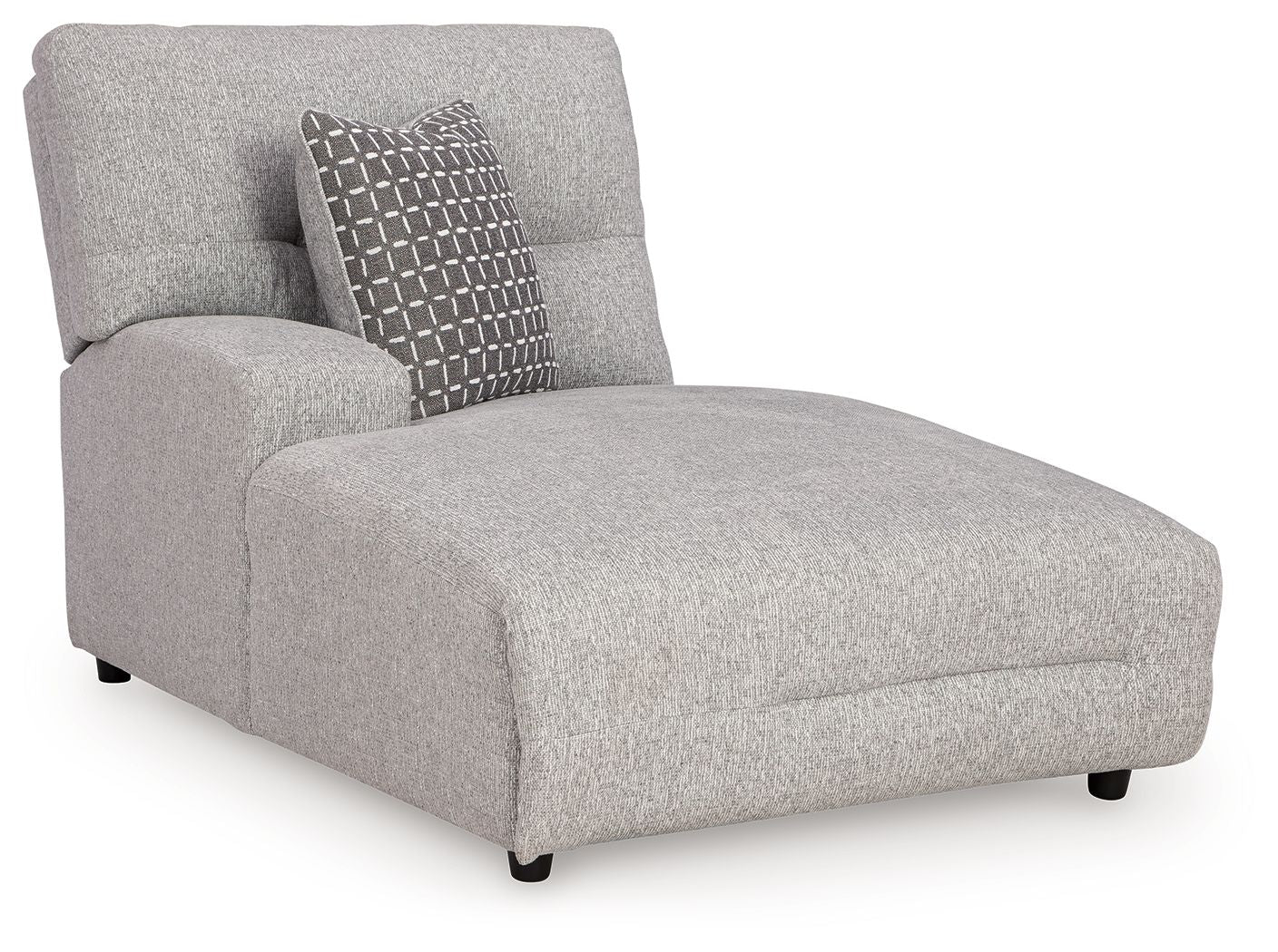 Pewter gray power reclining back chaise with square accent pillow and padded arms
