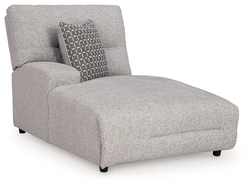 Pewter gray power reclining back chaise with square accent pillow and padded arms
