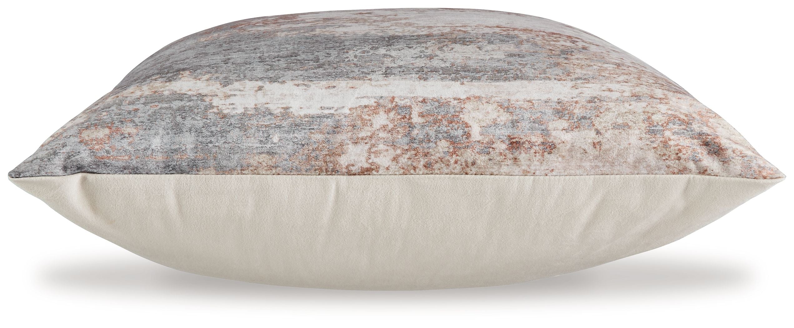 Square pillow with gray and rust patterned top panel