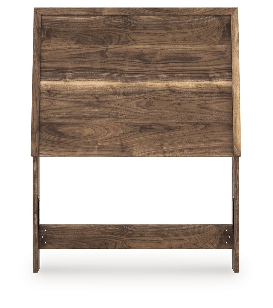 Dark brown wood panel headboard front view with horizontal lower rail
