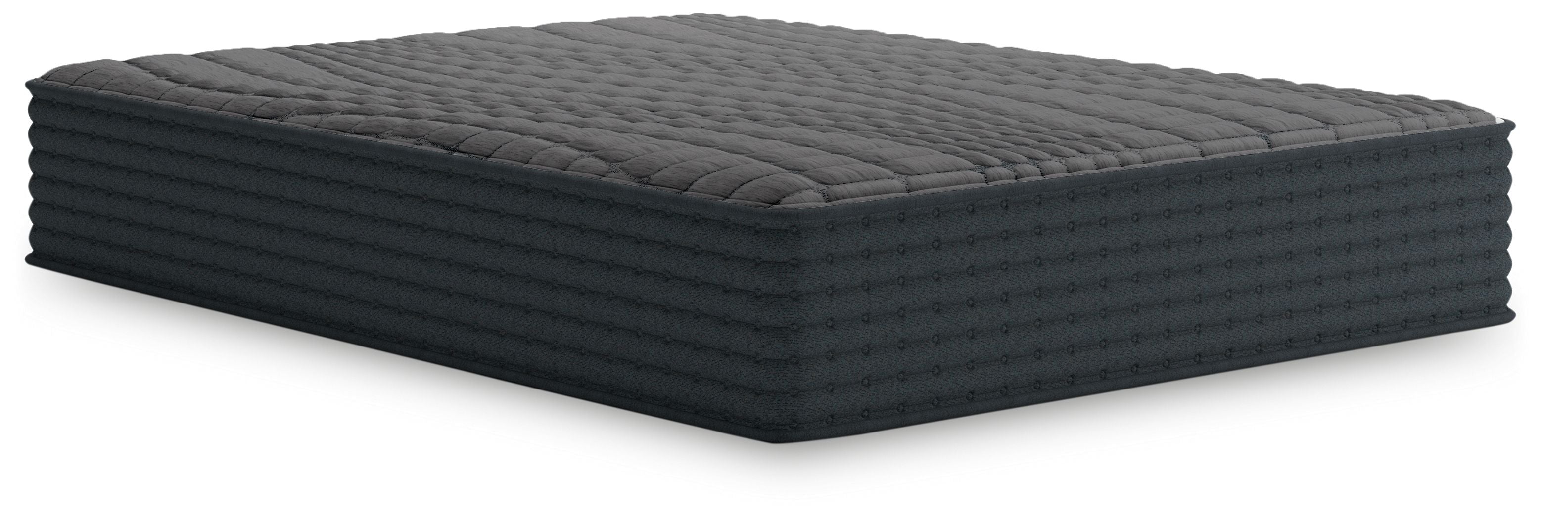 Gray hybrid mattress with dark quilted top and ribbed side panels