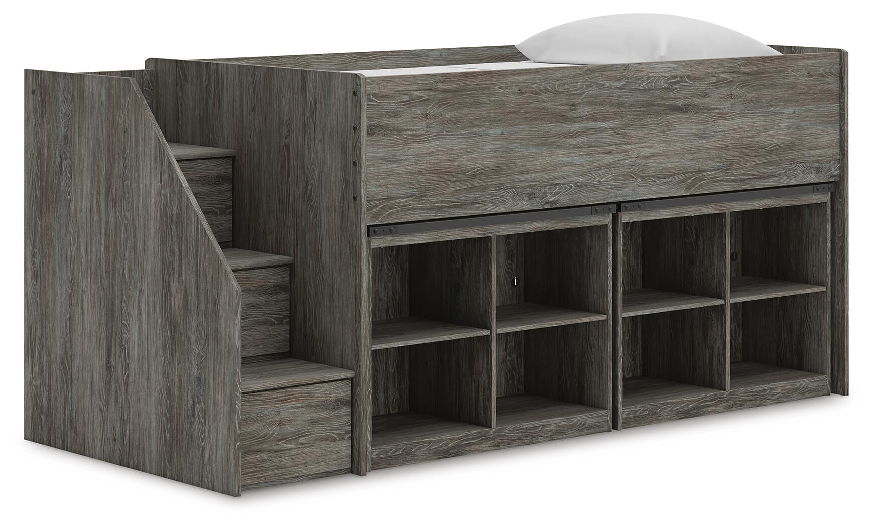 Gray loft bed with staircase steps and open shelving bookcase storage