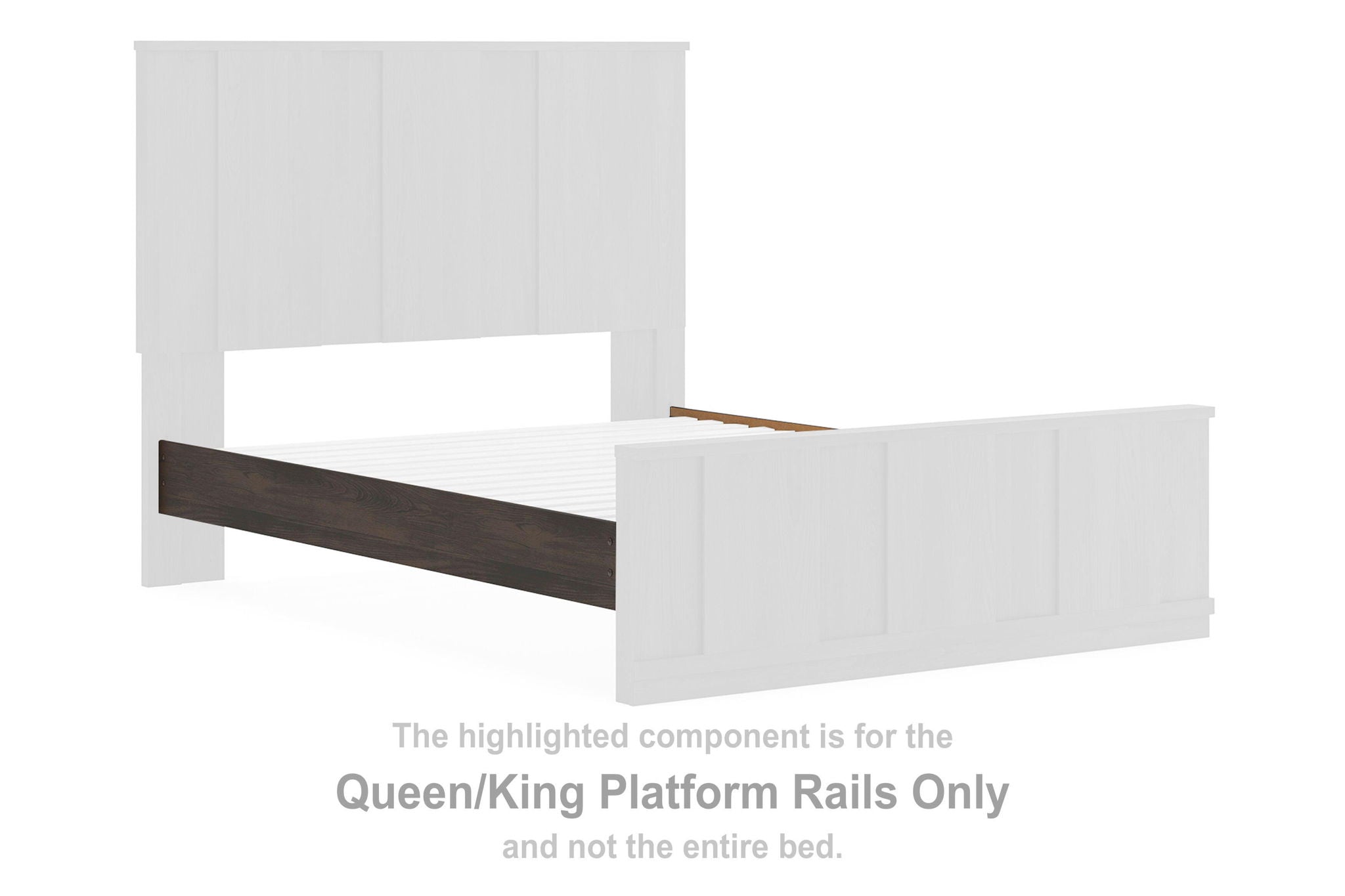 Dark brown platform rail with white bed frame side panels