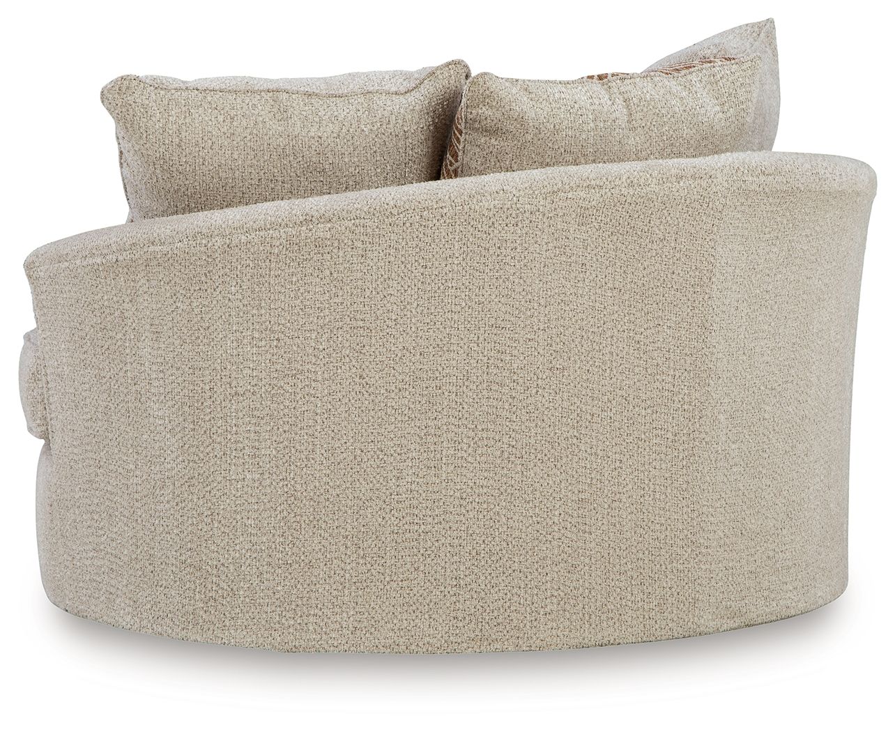 Oversized swivel accent chair side view in light beige fabric with two back pillows