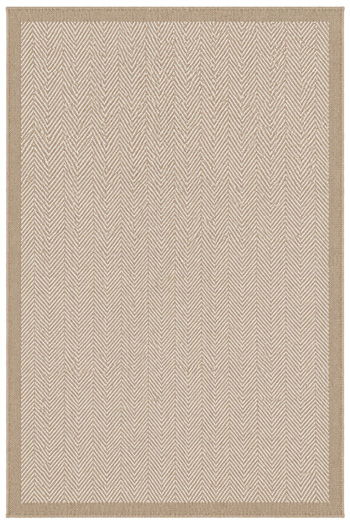 Light brown indoor/outdoor rug, herringbone weave with border