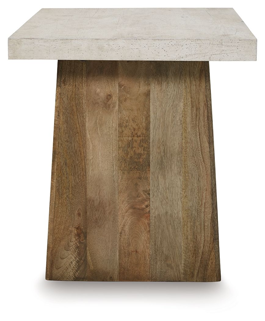 Rectangular table with concrete-look top and light brown wood body