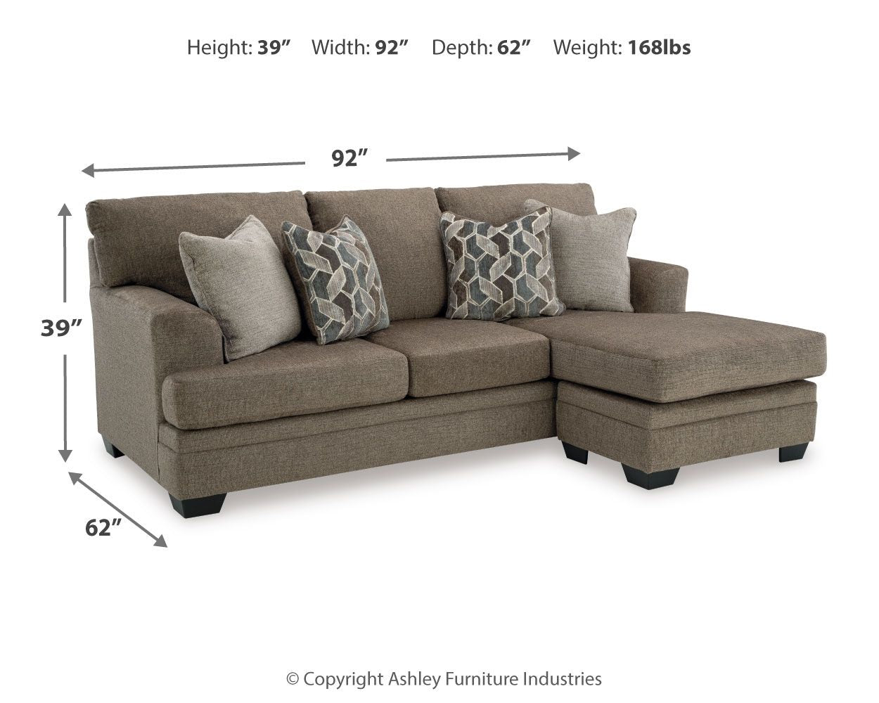 Taupe sofa chaise with geometric patterned throw pillows, shown with dimensions diagram