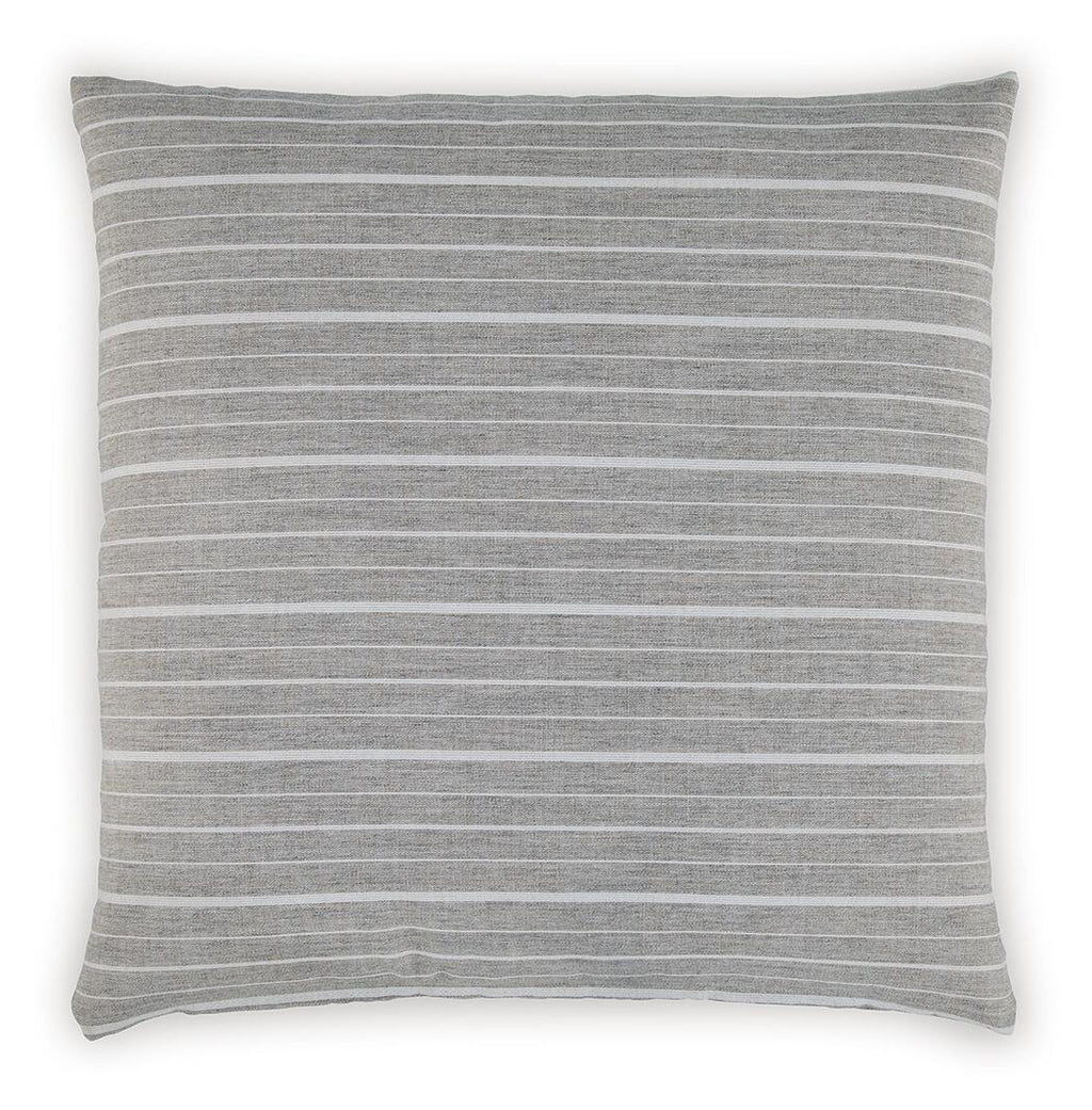 Gray throw pillow with thin horizontal stripe pattern and square edges