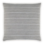 Gray throw pillow with thin horizontal stripe pattern and square edges