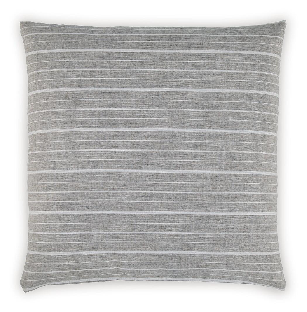 Gray throw pillow with thin horizontal stripe pattern and square edges
