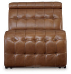 Brown leather power armless recliner with tufted backrest and padded arms