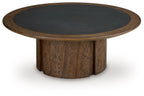 Dontayne round table with dark top and dark brown wood round edge detail.