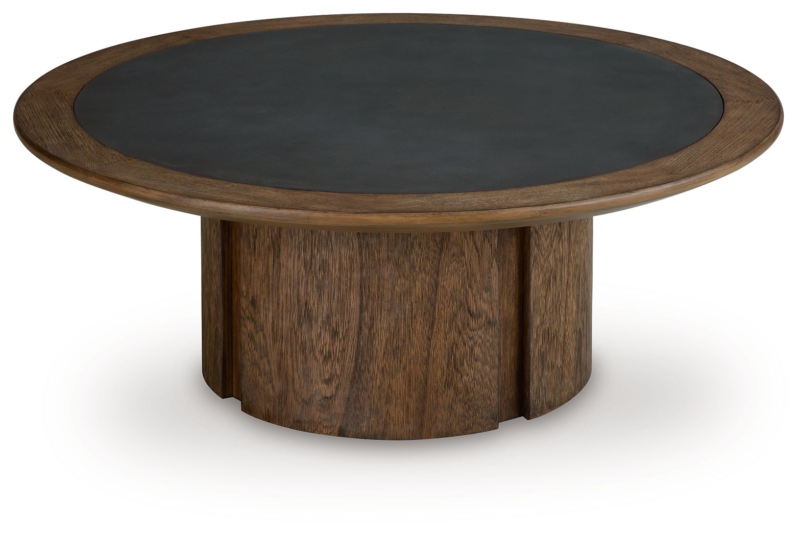 Dontayne round table with dark top and dark brown wood round edge detail.