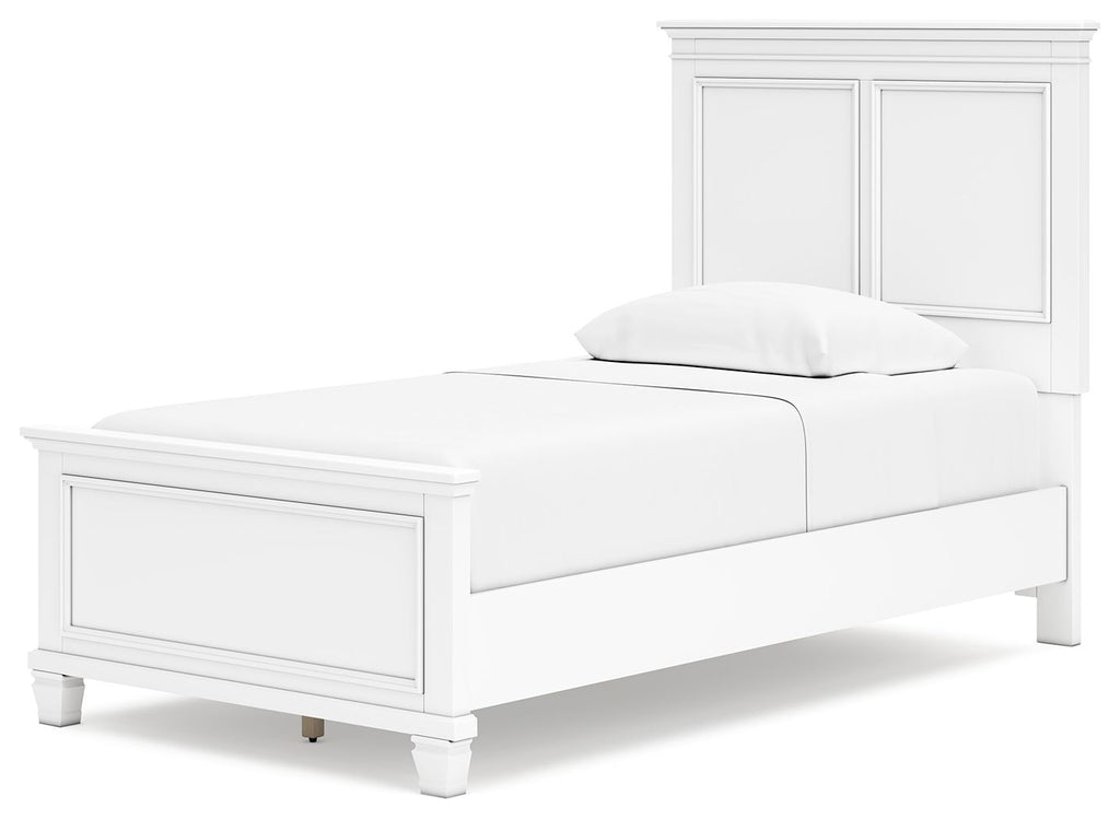 White panel bed with paneled headboard, smooth side rails, and two cushions.